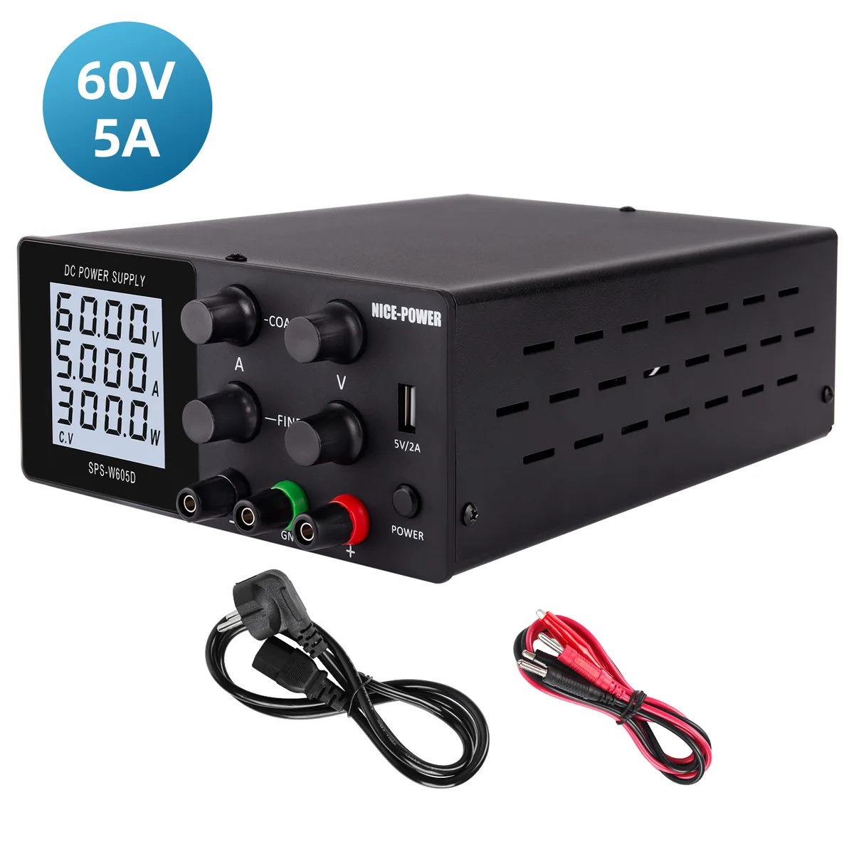 Лабораторный источник питания постоянного тока высокой мощности Kuaiqu SPS-W605D с регулируемым 4-разрядным дисплеем, 60В / 5А, цвет черный