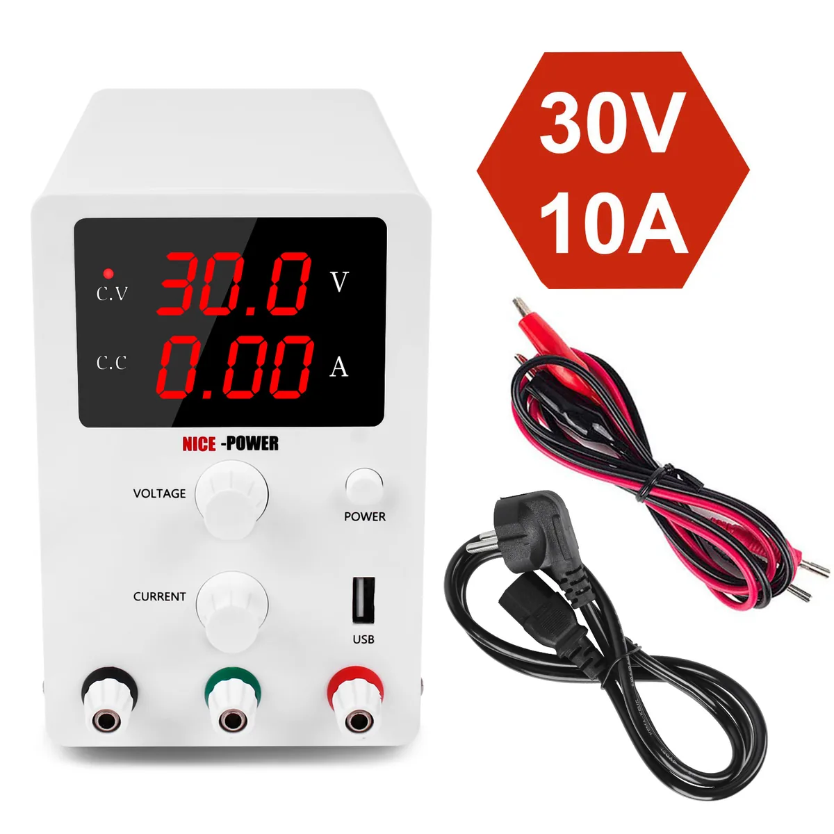 Лабораторный источник питания постоянного тока Kuaiqu R-SPS3010 с 3-разрядным дисплеем, 30В / 10А, цвет белый