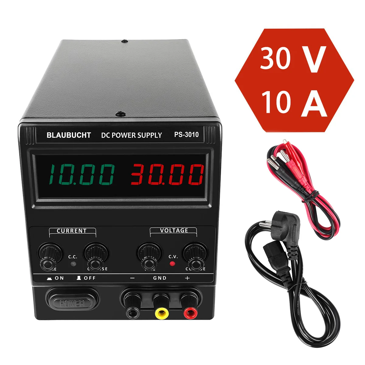 Регулируемый источник питания постоянного тока Kuaiqu PS3010 с 4-значный светодиодный цифровым дисплеем, 30В / 10А, цвет черный