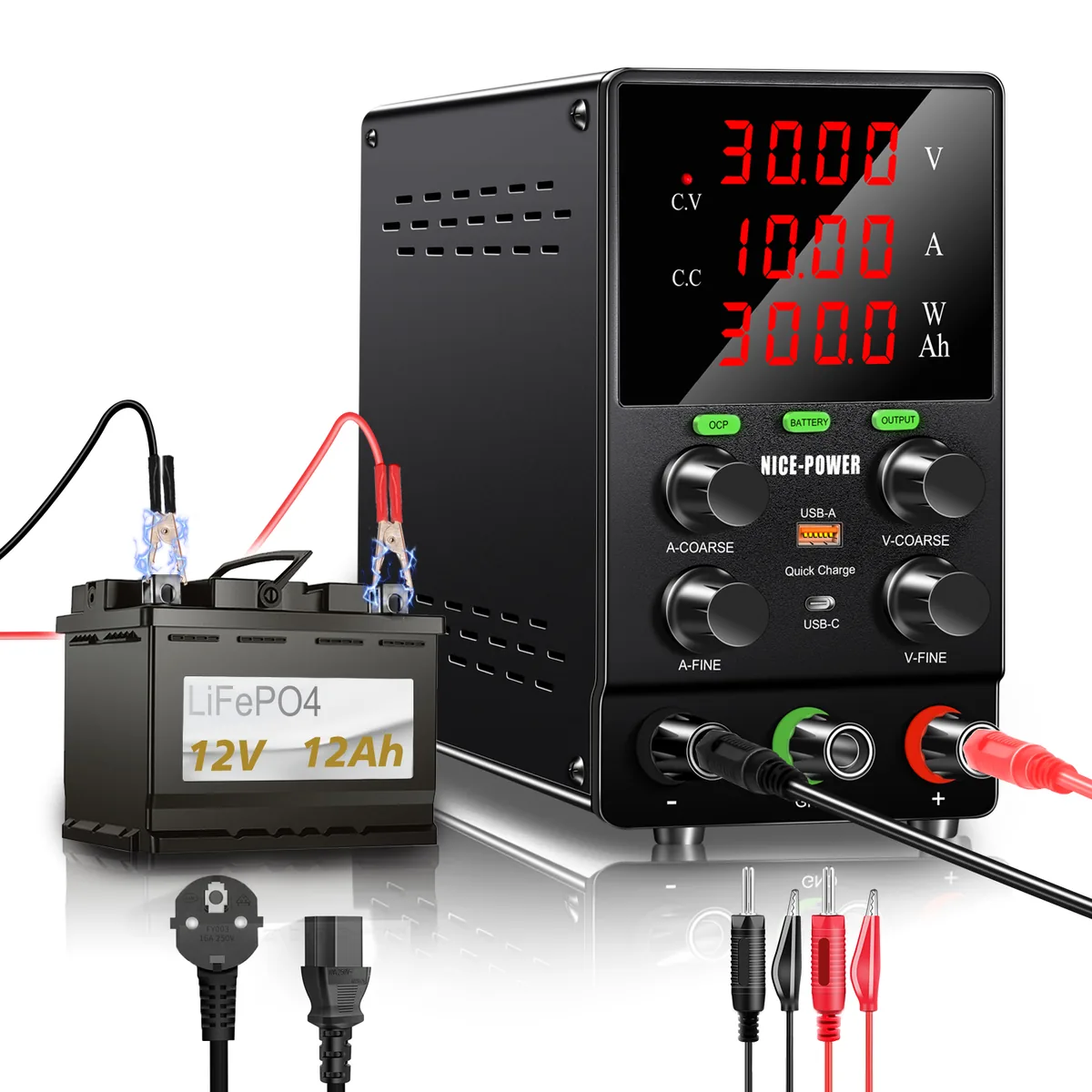 Аккумуляторный источник питания постоянного тока Kuaiqu PS3010C с 4-значный светодиодный цифровым дисплеем, 30В / 10А, цвет черный